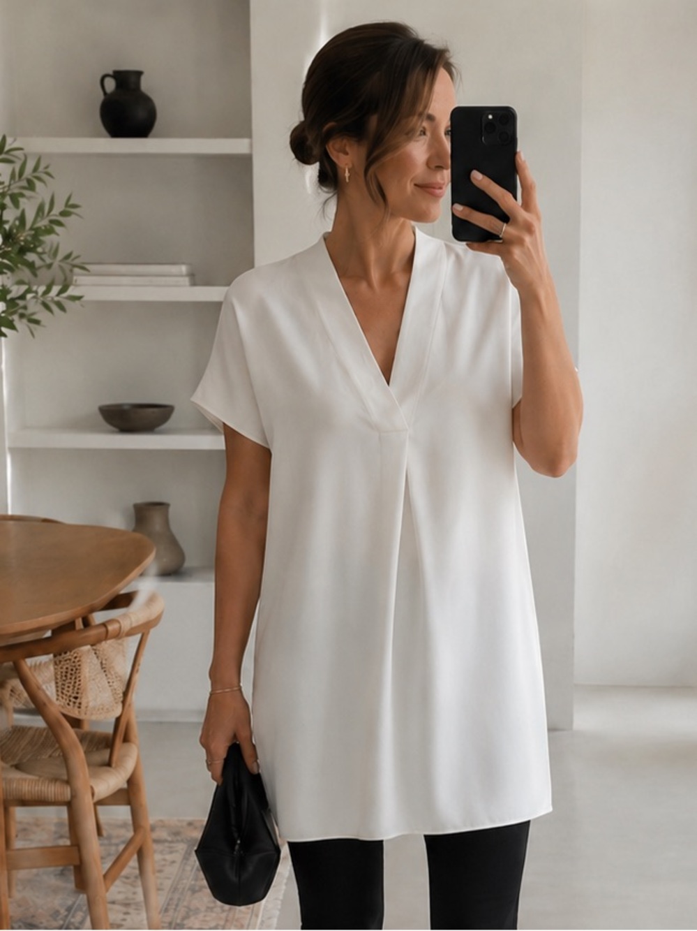 Zara White V-Neck Short Sleeve Tunic